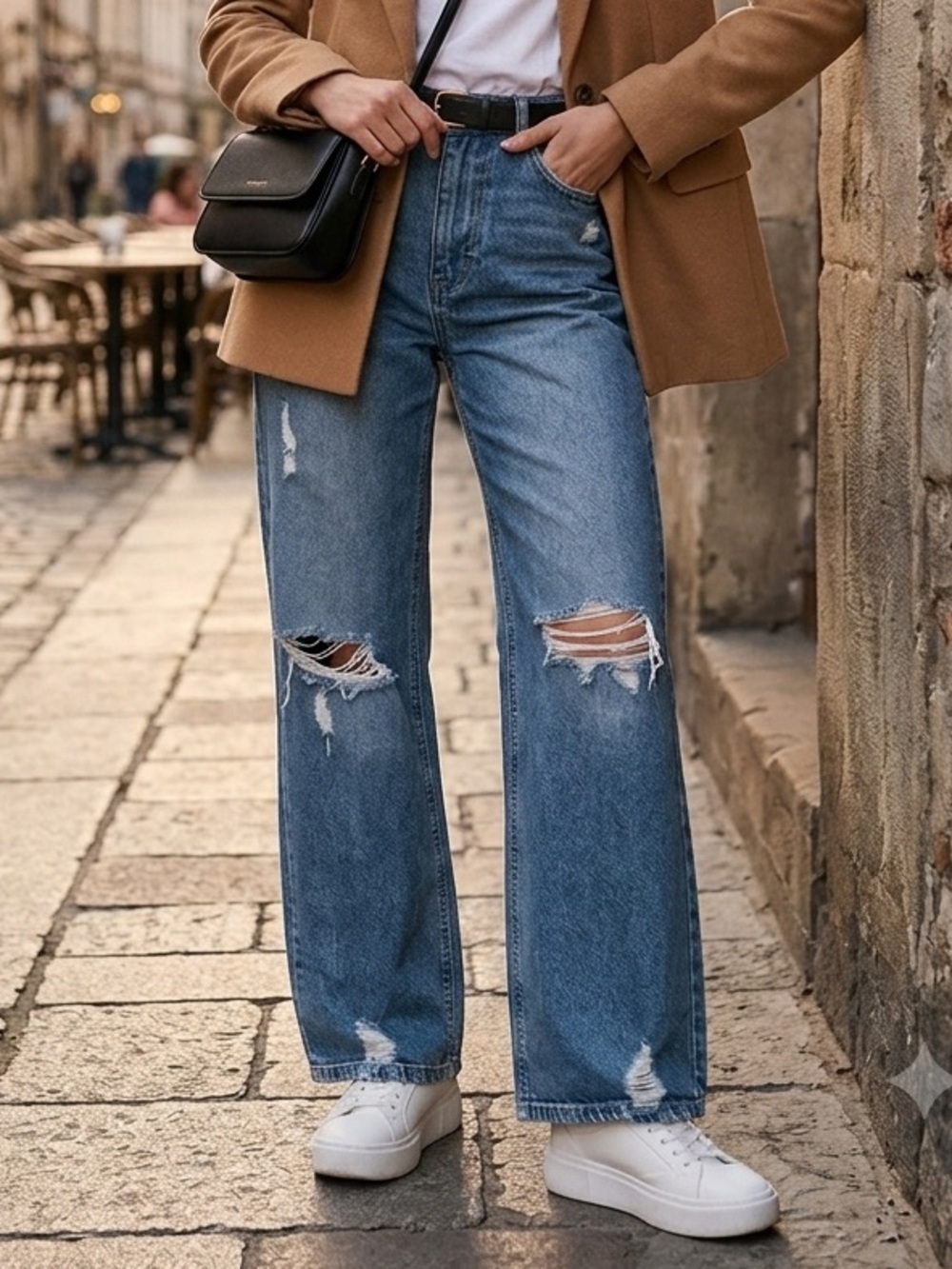 Casual High-Rise Distressed Wide-Leg Jeans for Women — Blue